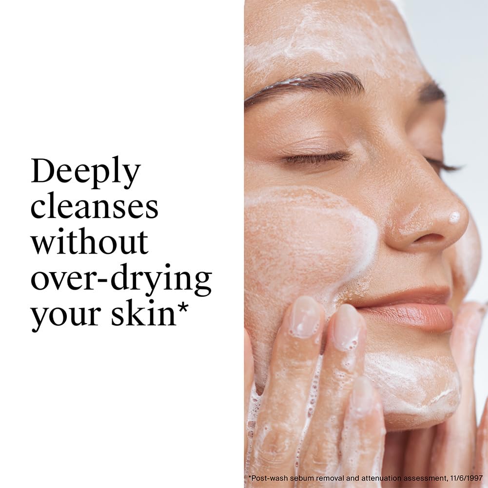 Woman applying a facial cleanser with text about skin care benefits on a white background