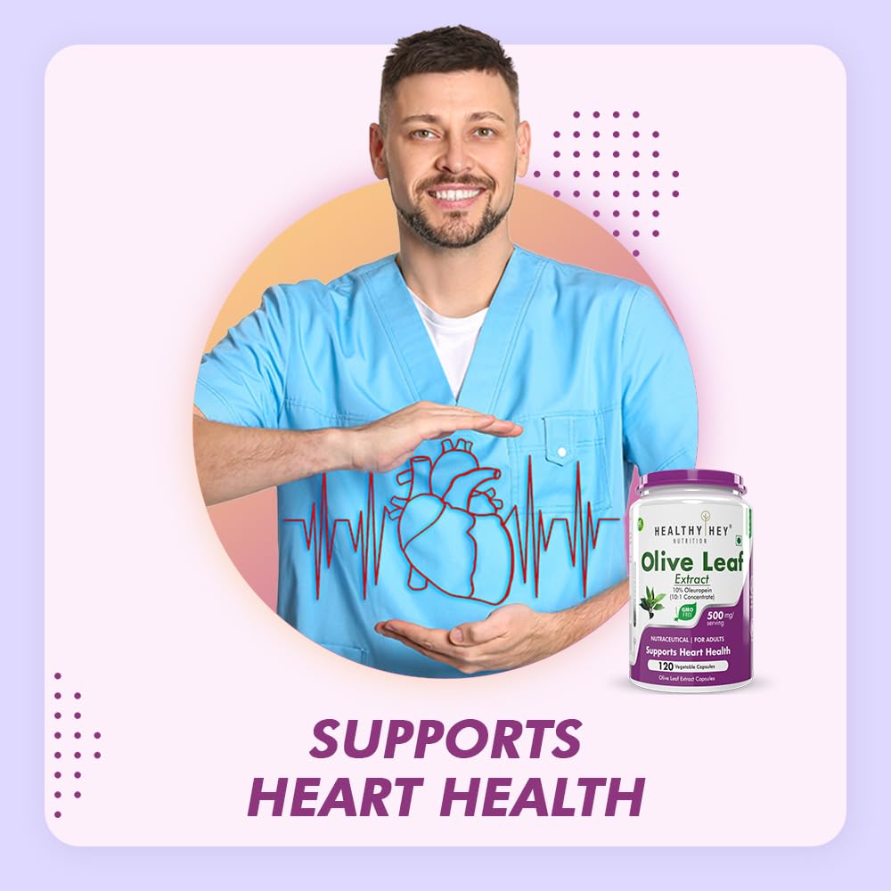 Man in blue scrubs holding a bottle of Healthy Net Olive Leaf Extract with text 'Supports Heart Health' on a light purple background.