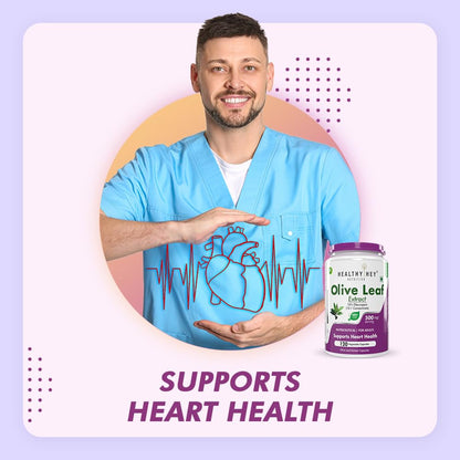 Man in blue scrubs holding a bottle of Healthy Net Olive Leaf Extract with text 'Supports Heart Health' on a light purple background.