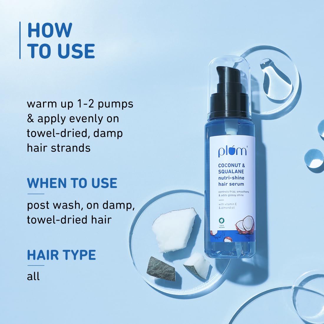 Plum Coconut & Squalane Nutri-Shine Hair Serum | Frizz Control & Instant Shine | Enriched with Vitamin E & Almond Oil | Coconut-Vanilla Fragrance | 75ml
