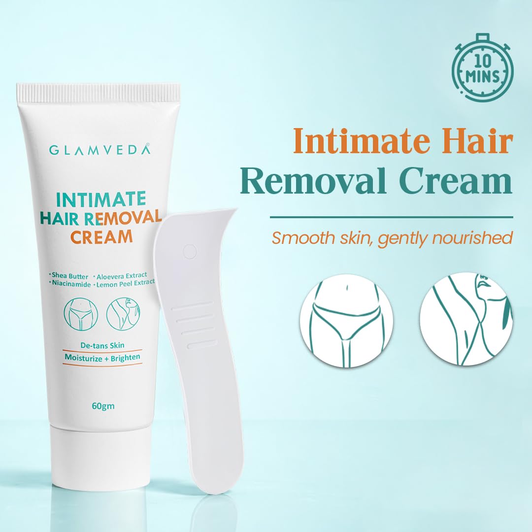 Glamveda Intimate Hair Removal Cream for Women | Gentle Hair Remover for Bikini Line & Sensitive Areas | With Aloe Vera Extract | Painless & Smooth Hair Removal | 60g