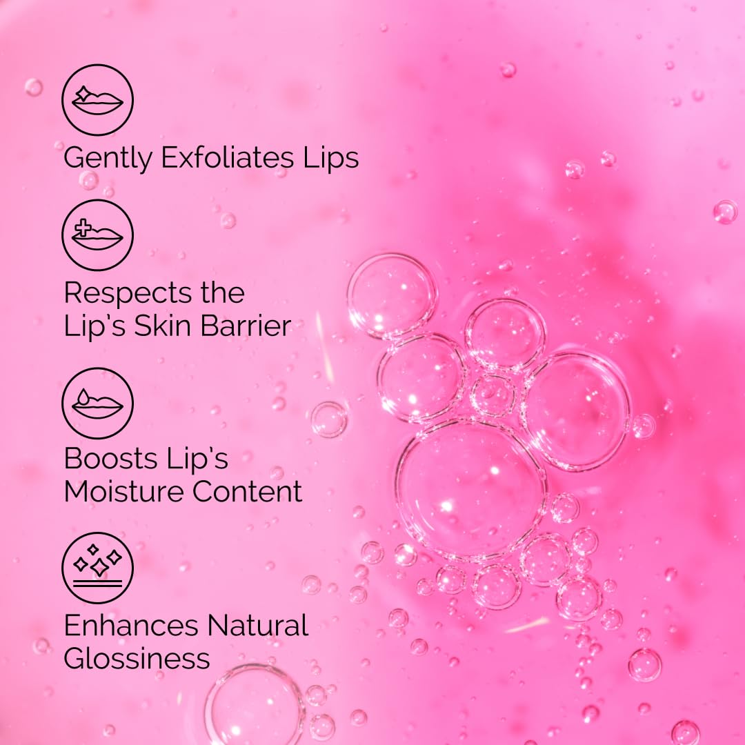 Pink background with lip exfoliator benefits text and bubbles