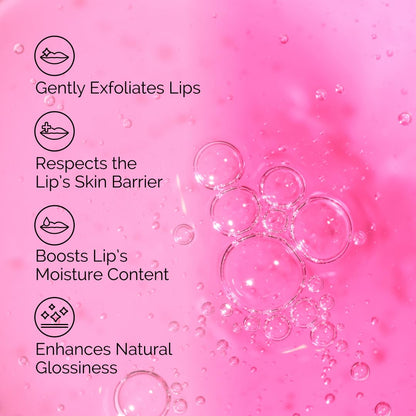 Pink background with lip exfoliator benefits text and bubbles