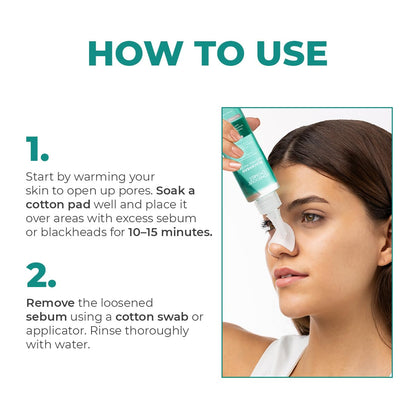 Instructions on how to use a facial treatment product with a woman applying it.