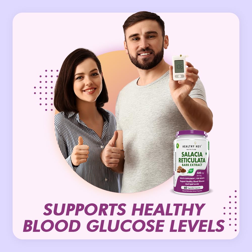 Man and woman holding a digital blood glucose meter with a supplement bottle labeled 'Healthy Key' on a light purple background.