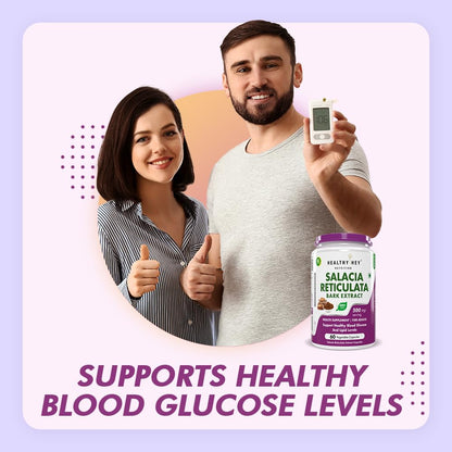 Man and woman holding a digital blood glucose meter with a supplement bottle labeled 'Healthy Key' on a light purple background.