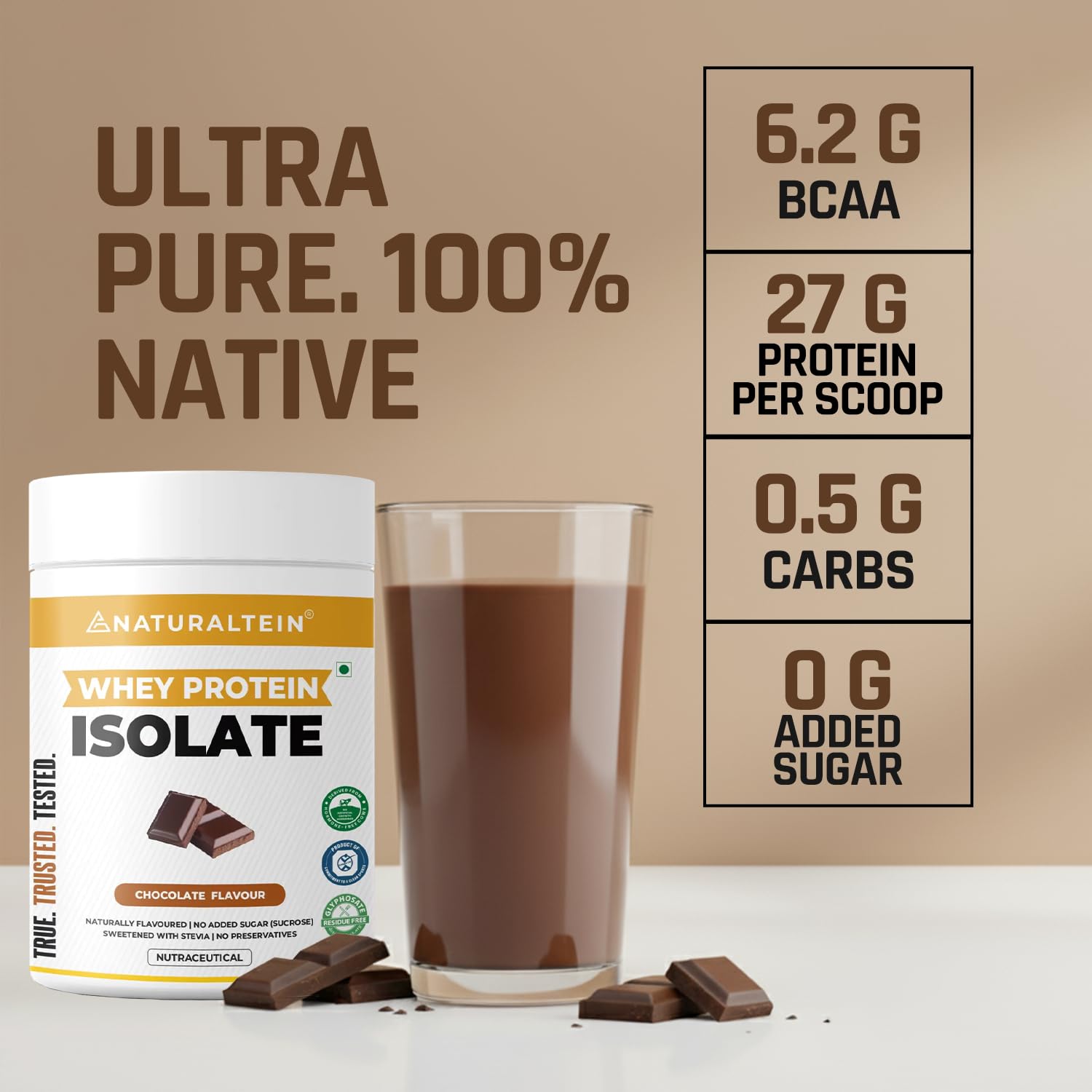 Whey protein isolate container with a glass of chocolate protein shake on a beige background