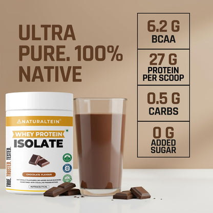 Whey protein isolate container with a glass of chocolate protein shake on a beige background