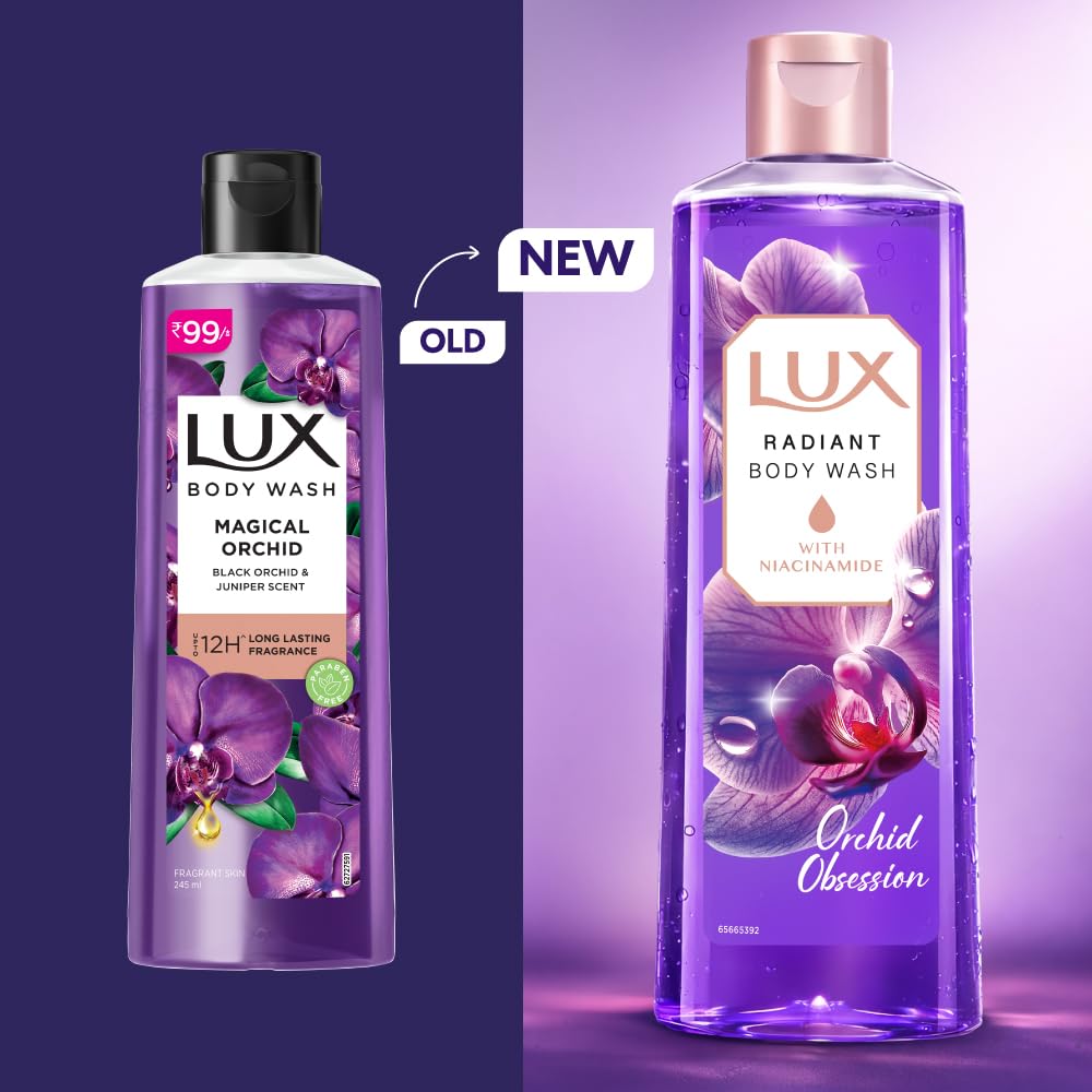 LUX Orchid Obsession Bodywash, 245ml, for Radiant & Bouncy Skin feel, with Niacinamide & Exotic Orchid fragrance, Upto 12Hr Long-Lasting Fragrance