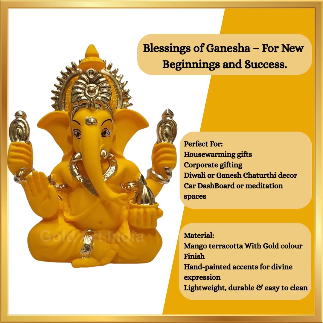 Gold Art India Handcrafted Mango Terracotta Ganesha with Golden Jewelry for Car Dashboard, Home/Office Decor, Gifting/Housewarming Gifts (4HANDGANESHAYELLOWTERRACOTTA 3.3")
