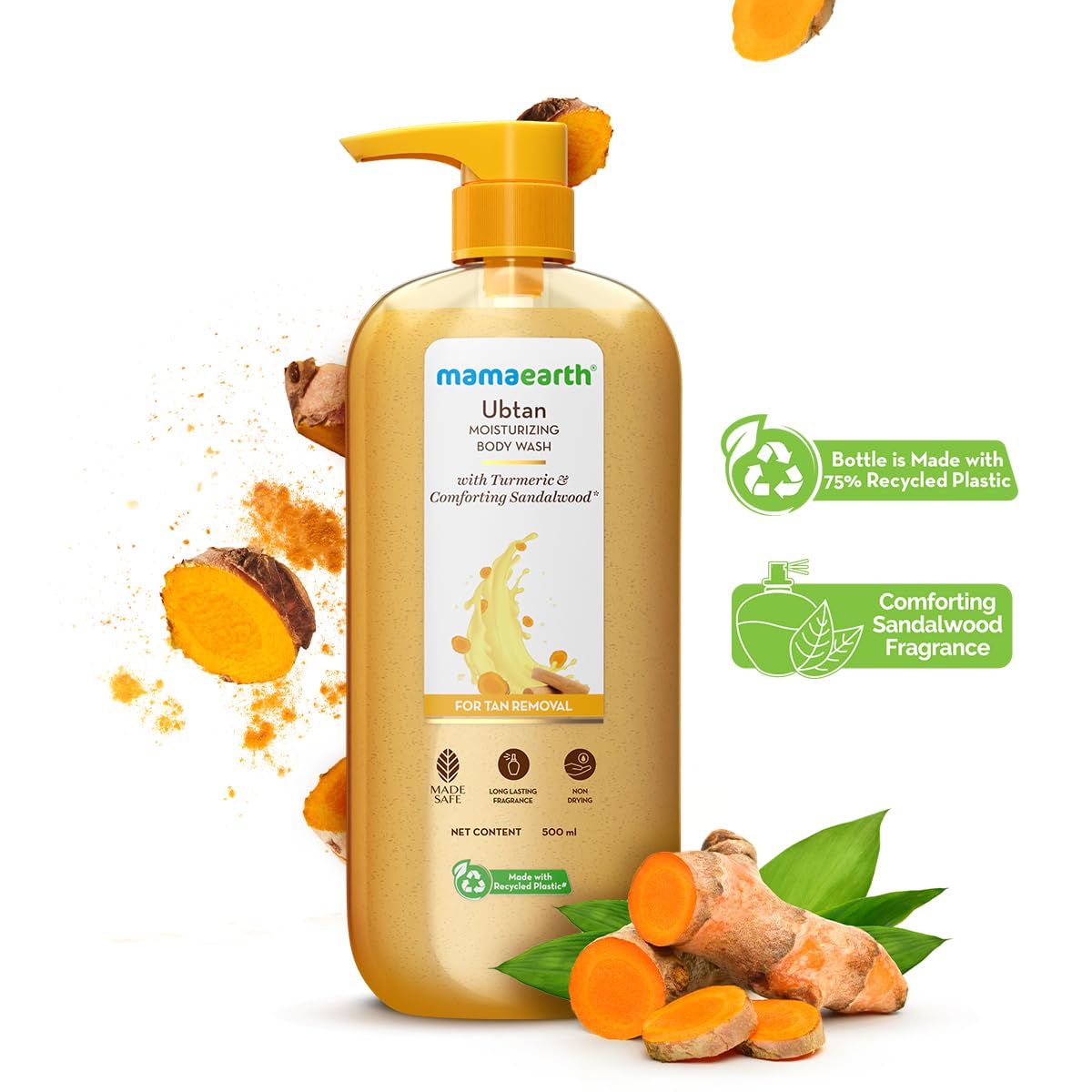 Mamaearth Ubtan Moisturizing Body Wash with Turmeric & Comforting Sandalwood Scent for Tan Removal 500ml | Intensely Moisturizes | Long Lasting Fragrance | Mild Exfoliation | All Skin Types | Soft & Smooth Skin