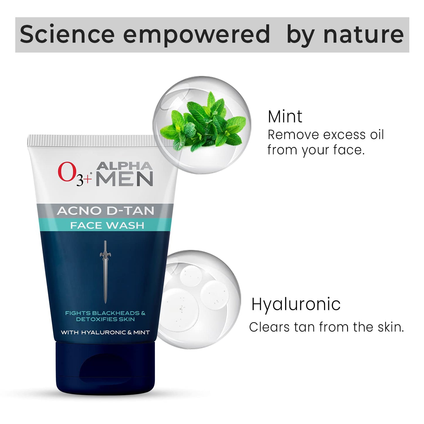 O3+ ALPHA MEN Acno D-TAN Face Wash with Hyaluronic & Mint | Fights Blackheads & Detoxifies Skin, 50ml