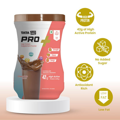 Tata 1mg Pro+ Soy Protein Supplement Powder- High Protein for Muscle & Bone Strength, Overall Fitness, and Energy with 23 essential nutrients,Low Fat & No Added Sugar,Chocolate Flavour