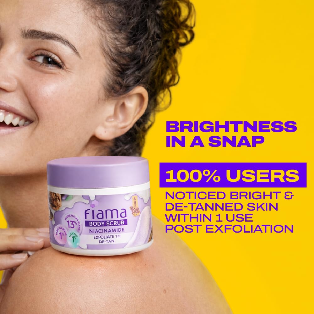 Fiama Detan Body Scrub 200g, 1% Niacinamide + 1% Salicylic Acid, Chemical + Physical Exfoliation, 13% Resurfacing Blend, Sun-Tan Removal & Instant Brightness, Gourmet Fragrance