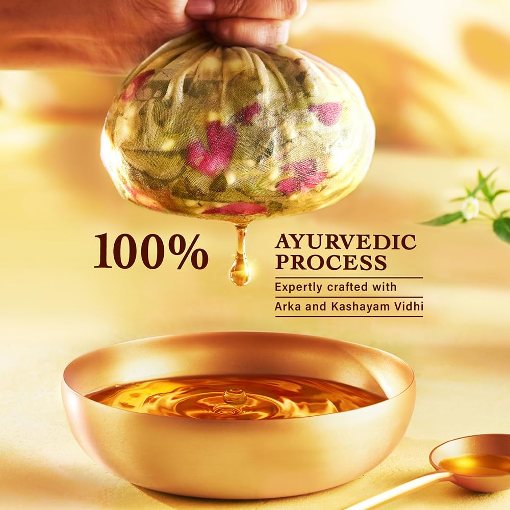 Tea bag with flowers being pressed into a bowl of liquid, with text about an ayurvedic process.