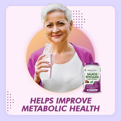 Woman holding a bottle of milk with a supplement container, set against a light purple background.