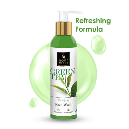 Good Vibes Green Tea Purifying Face Wash, 120 ml Helps Prevent Acne, Dirt Removal Deep Cleansing Natural Antioxidants Formula for All Skin Types, No Parabens & Mineral Oil