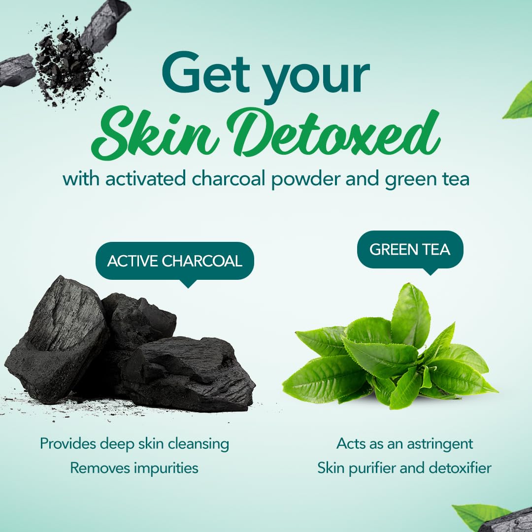 Promotional graphic for skin detoxification with activated charcoal and green tea.
