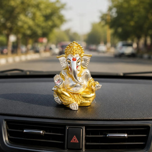 Gold Art India Gold and Silver Plated Matte Finish Ganesh Idol For Car Dashboard Ganesha Murti Ganpati Idol For Home Decor Puja Lord Ganesh Statue Gift For Office Desk Puja Room Figurine, 3 x 3 inches