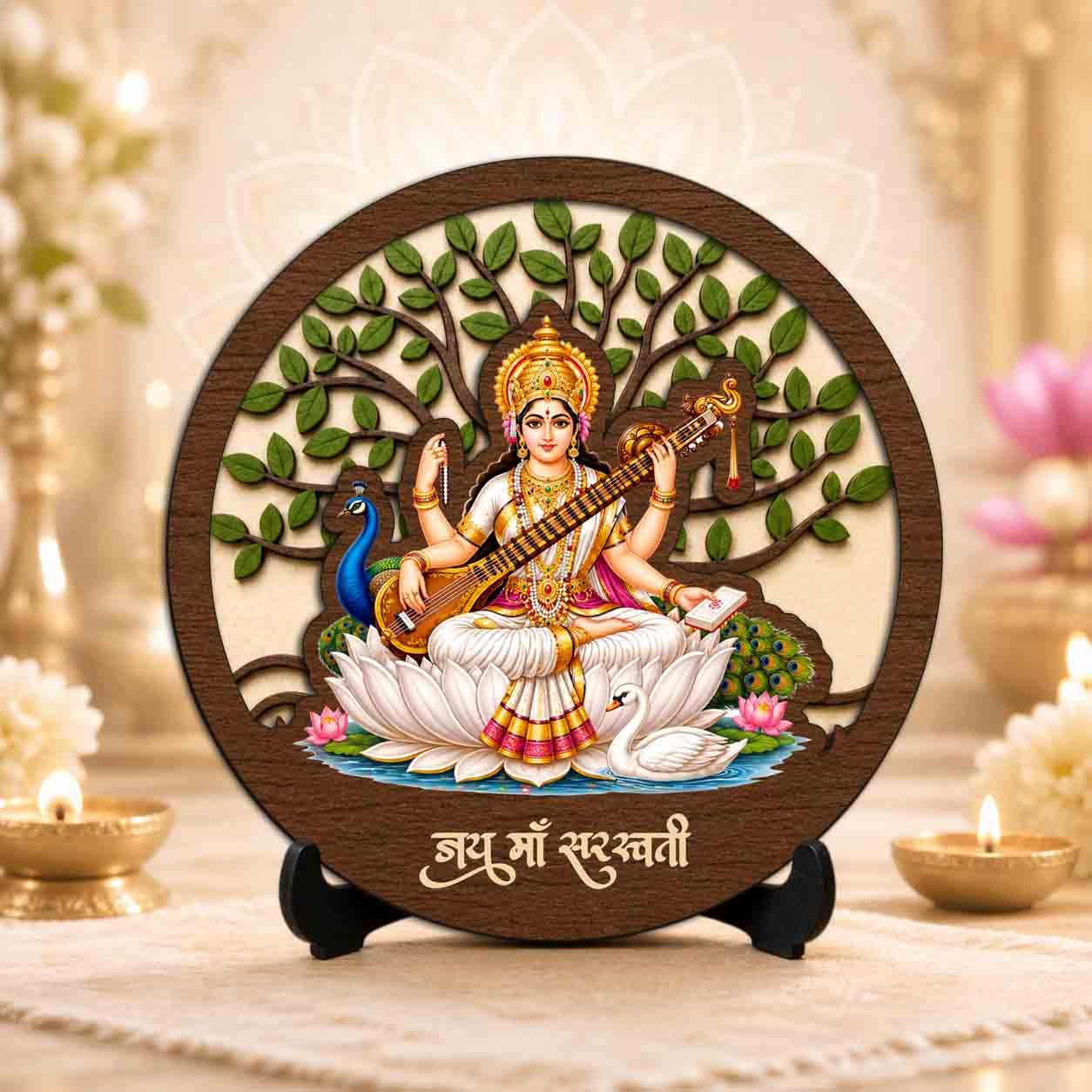Plan To Gift Saraswati Maa Round Wooden Devotional Idol with Stand for Puja Room, Home Decor & Religious Gift - 5x5 Inch