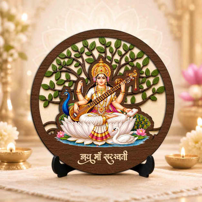 Plan To Gift Saraswati Maa Round Wooden Devotional Idol with Stand for Puja Room, Home Decor & Religious Gift - 5x5 Inch