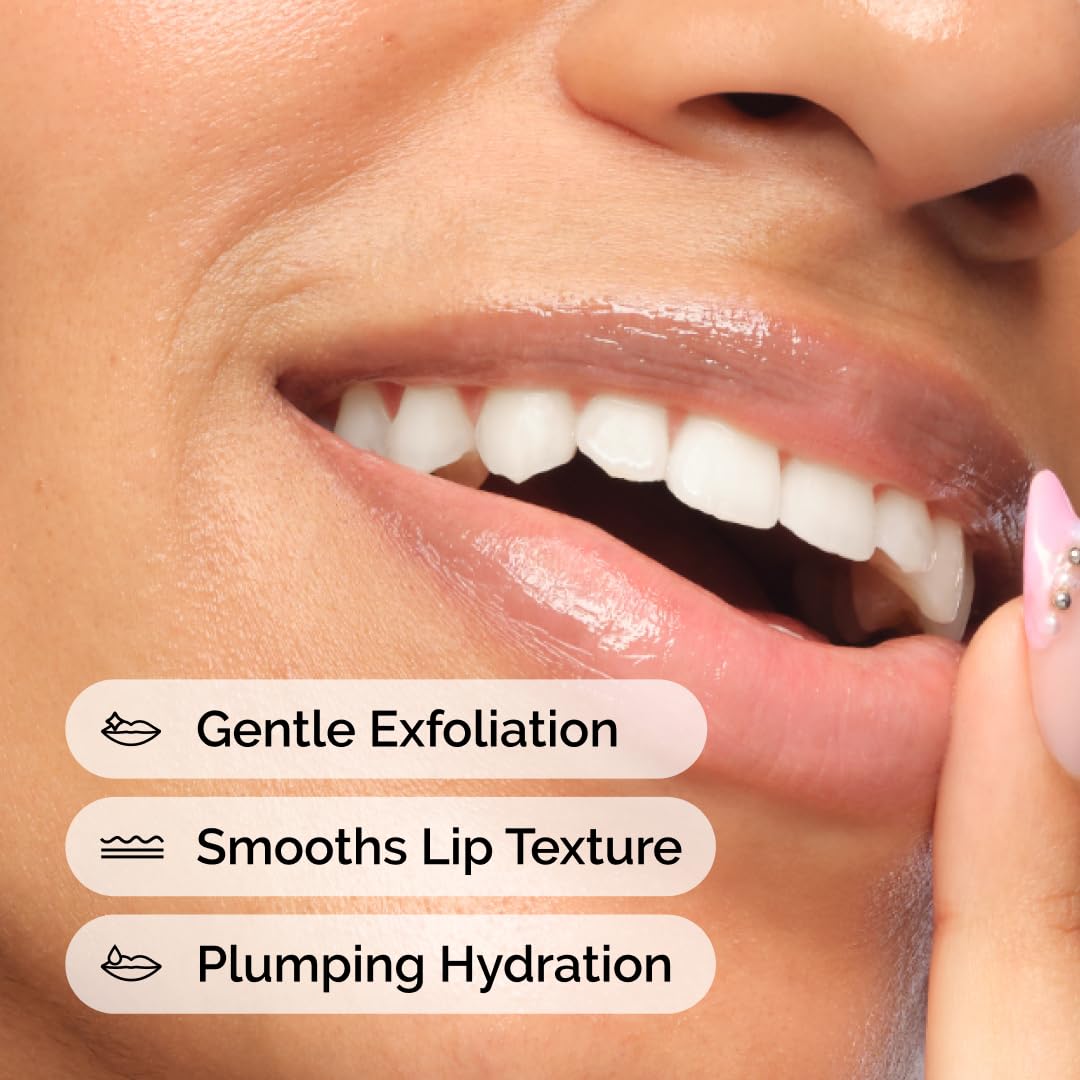 Close-up of a person's lips with text indicating benefits of a lip product.