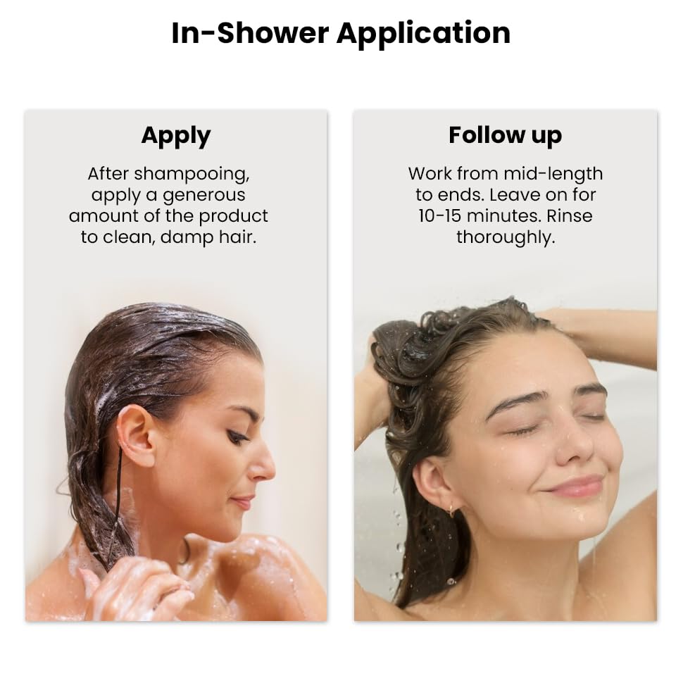 Instructions for in-shower hair care application with two images of a woman washing her hair.