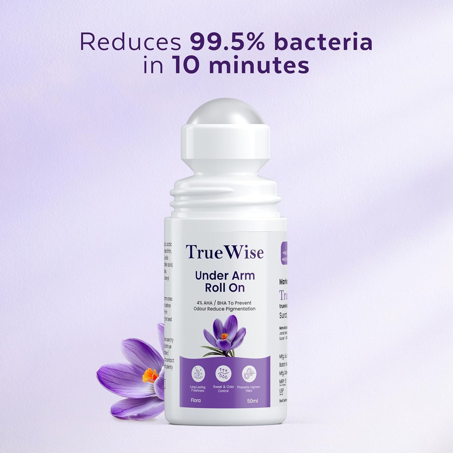 Truewise Underarm Roll On 50ml, 4% Aha Bha,2% Lactic Acid, 1% Mandelic Acid, 1% Salicylic Acid, Controls Odour & Reduces Pigmentation, 0% Aluminium & 0% Alcohol, Long Lasting Flora Fragrance