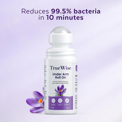Truewise Underarm Roll On 50ml, 4% Aha Bha,2% Lactic Acid, 1% Mandelic Acid, 1% Salicylic Acid, Controls Odour & Reduces Pigmentation, 0% Aluminium & 0% Alcohol, Long Lasting Flora Fragrance