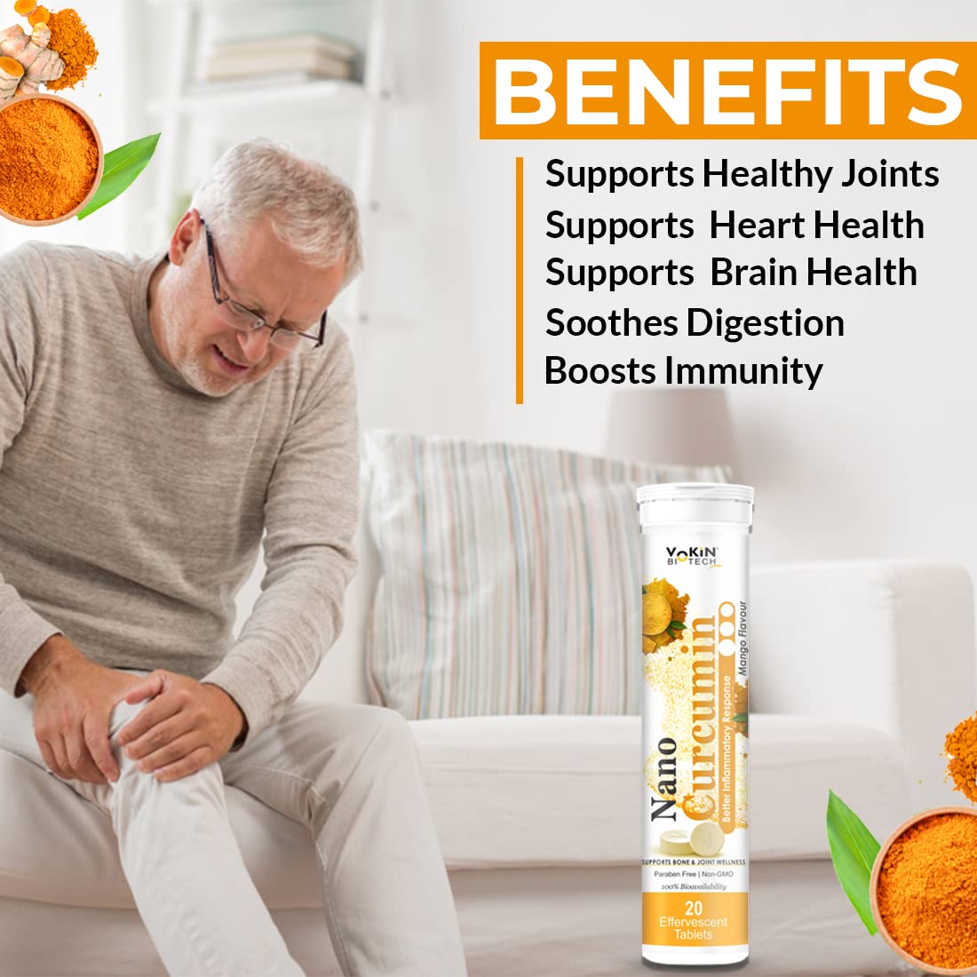 Man sitting on a couch with a supplement tube labeled 'Nano Curcumin' and benefits listed.
