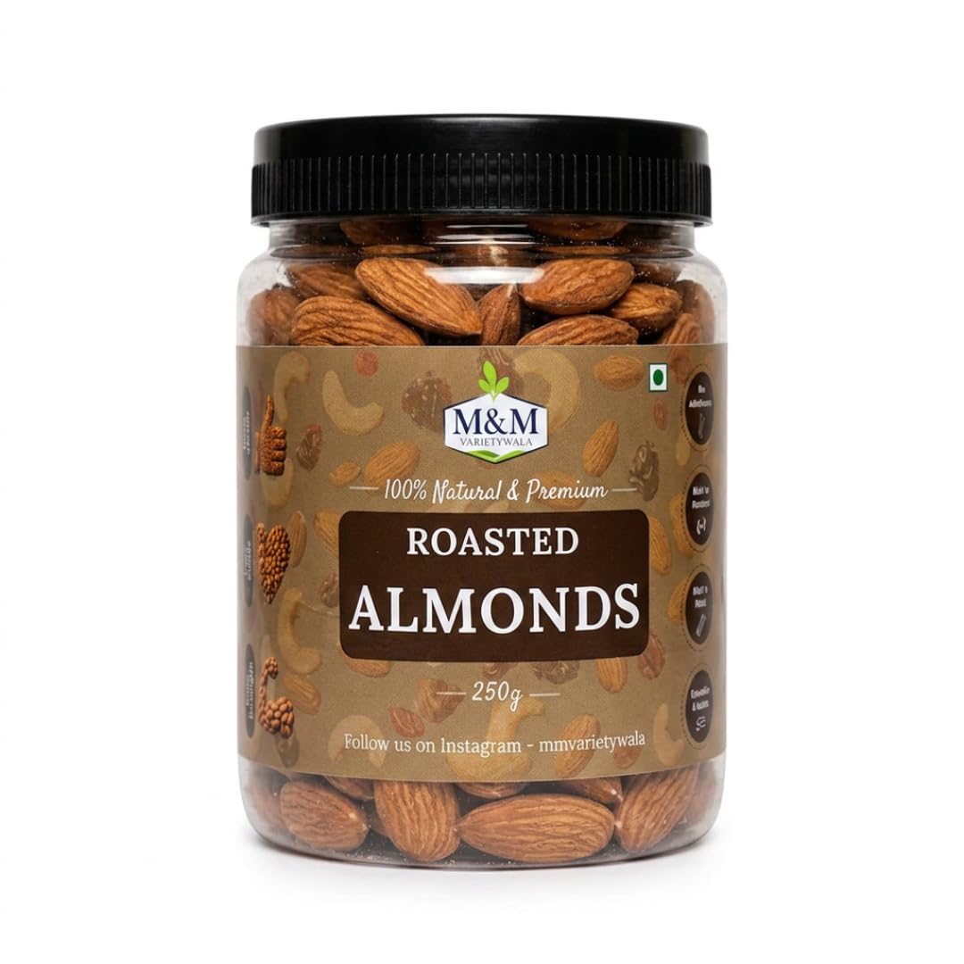 M&M Varietywala Premium Roasted Almonds | 250g Reusable Airtight Jar | Dry Roasted Badam, Zero Oil Snacking, Evening Tea Snack, Crispy Baked Nuts, Reusable 250g Jar, Healthy Party Food