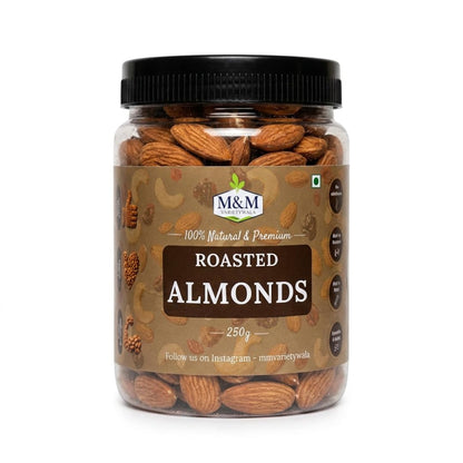 M&M Varietywala Premium Roasted Almonds | 250g Reusable Airtight Jar | Dry Roasted Badam, Zero Oil Snacking, Evening Tea Snack, Crispy Baked Nuts, Reusable 250g Jar, Healthy Party Food