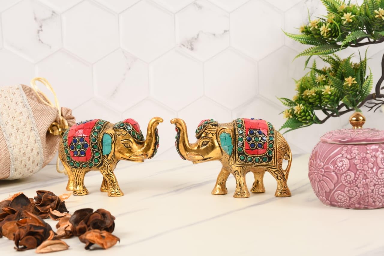 Kalakriti Multicoloured Stone Studded Metal Trunk-up Elephant Showpiece for Good Luck (Vaastu) | Pack of 2 | Decorative Elephant Statue Idol for Home Décor for Prosperity and Luck