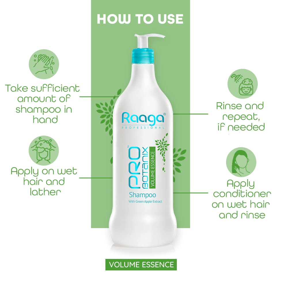 Raaga Professional Pro Botanix Volume Essence Shampoo with Green Apple Extract | Strengthens Hair, Provides Thicker Looking Hair | Suitable For Men & Women (1000 ml)