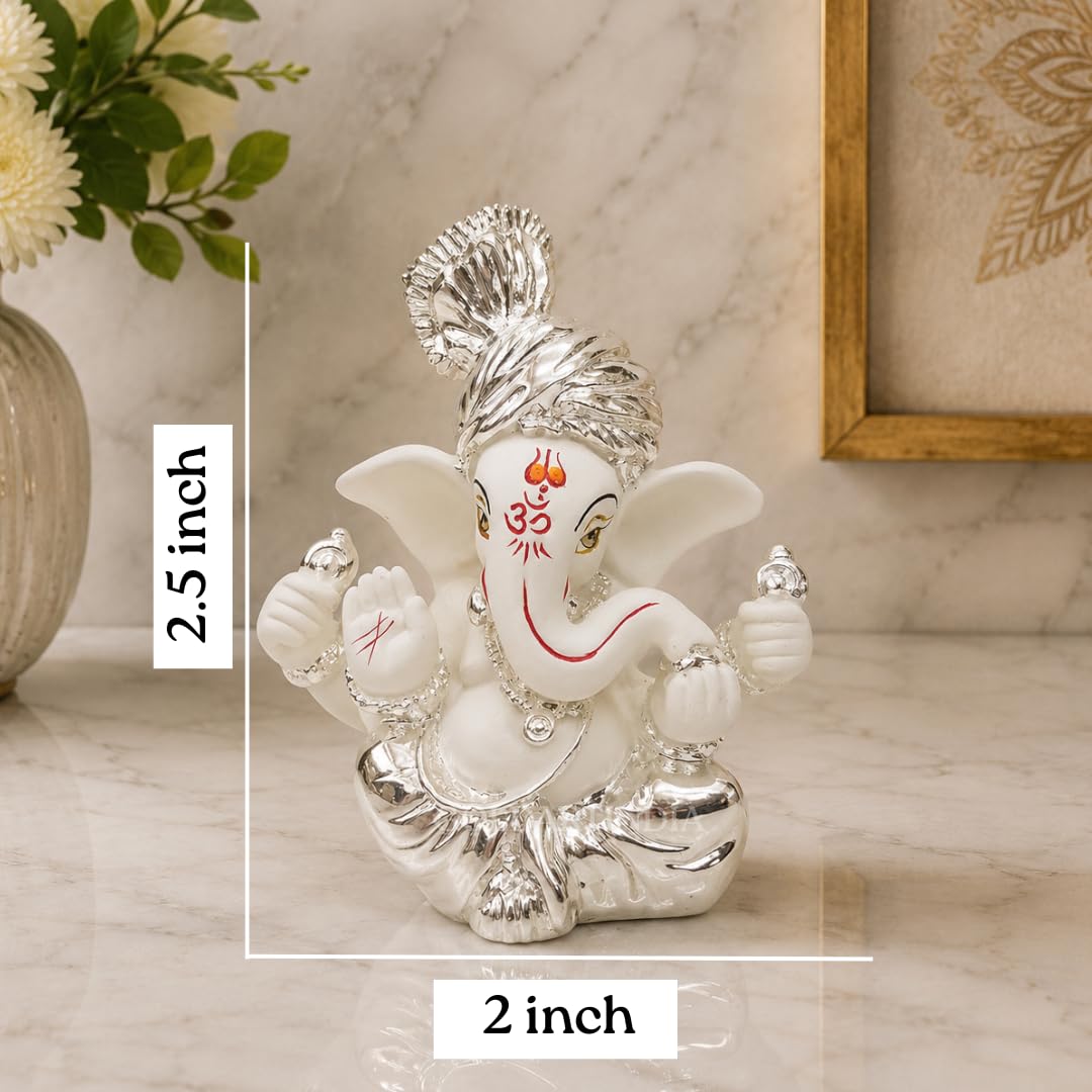 Gold Art India Ceramic Pagdi Ganesh Idol For Car Dashboard Small Ganesha Murti Ganpati Idol For Home Decor Puja Lord Ganesh Statue Gift For Office Desk Puja Room Figurine, 6X4X3Cm, Silver, Idol