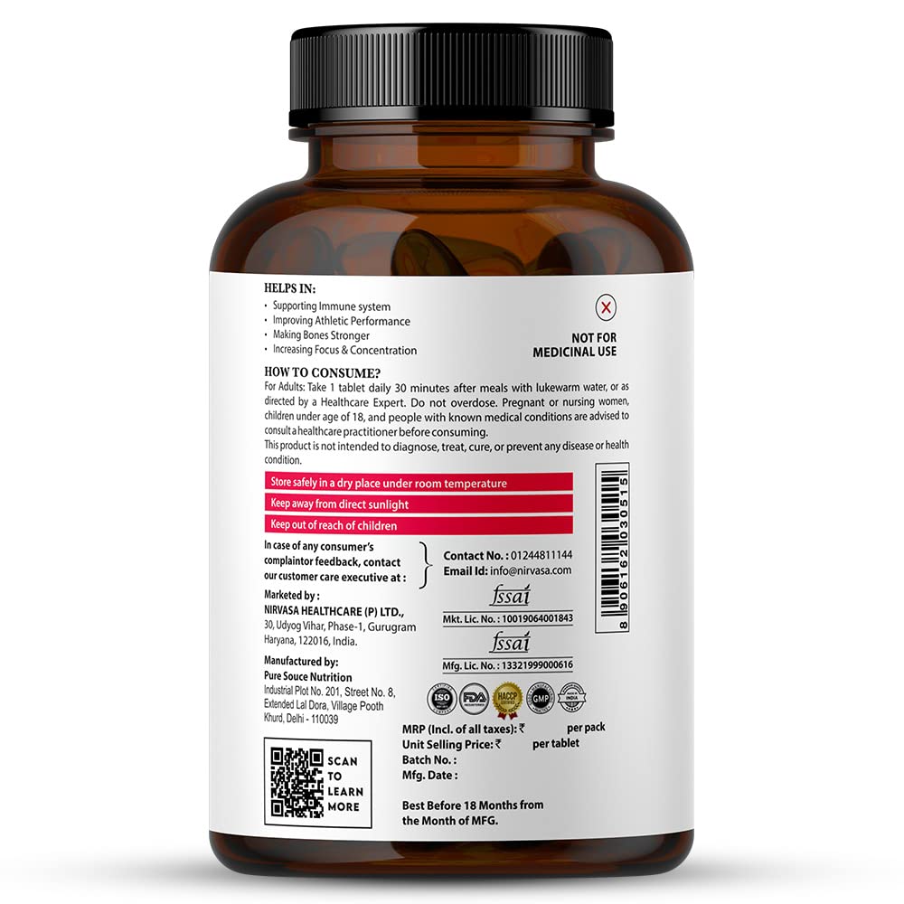 Nirvasa Daily Multivitamin Tablets for Men & Women | Enhances Immunity & Energy | Vitamin Tablets to Promote Healthy Bones, Joints & Muscles - 60 Tablets