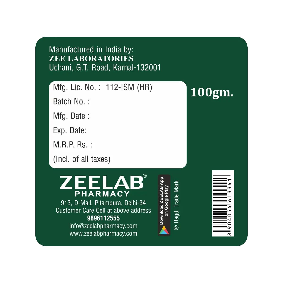Zeelab Pharmacy label on a green background with product details.