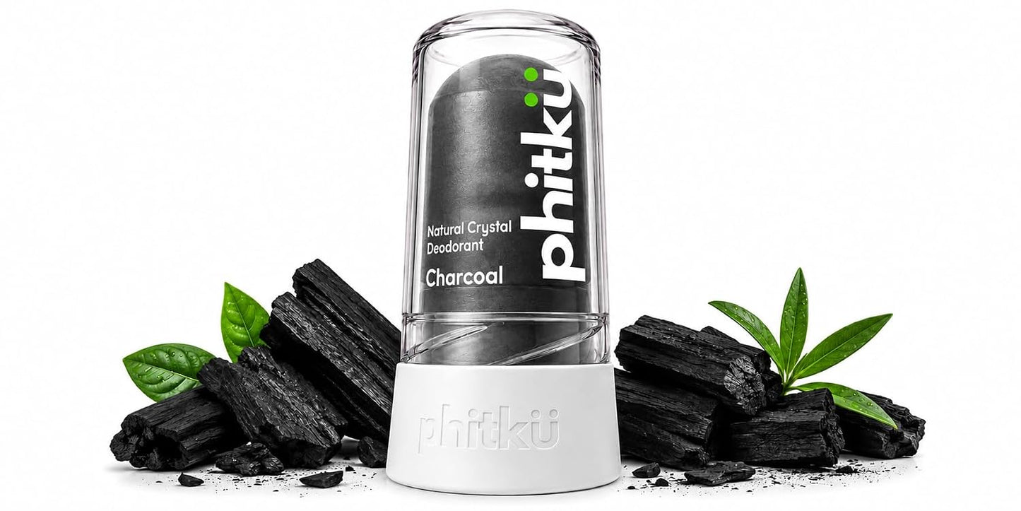 Phitku Crystal Roll On with Charcoal Extract | Natural Alum | Brightens Dark Underarms, Controls Body Odour | Fragrance-Free & Alcohol Free | Men & Women | 100g