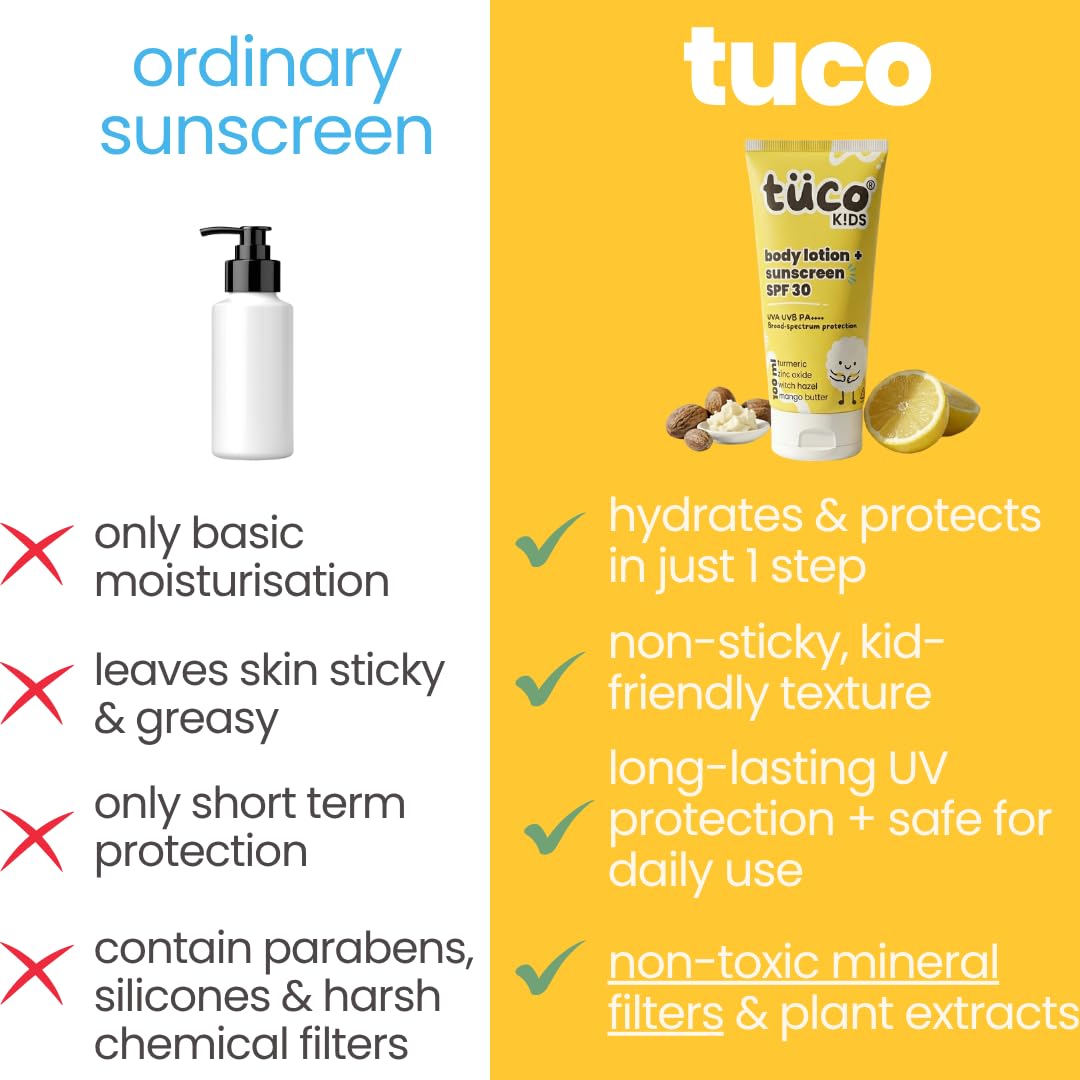 Tuco Kids SPF 30 Sunscreen Lotion for Kids, Body & Face, PA++++, 100ml | UVA/UVB Broad Spectrum. Turmeric & Mango Butter. No Benzophenone-3 or Avobenzone. Water Resistant. Safe for Ages 5-15.