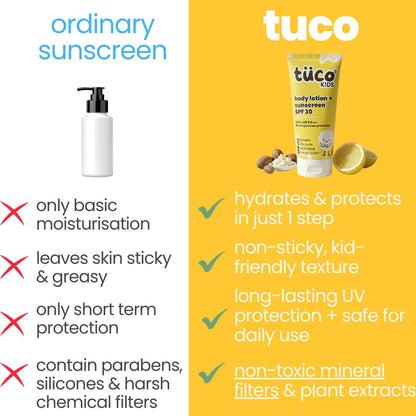 Tuco Kids SPF 30 Sunscreen Lotion for Kids, Body & Face, PA++++, 100ml | UVA/UVB Broad Spectrum. Turmeric & Mango Butter. No Benzophenone-3 or Avobenzone. Water Resistant. Safe for Ages 5-15.