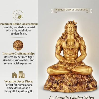 Shivji Idol for Car Dashboard, Home Temple & Office Desk | Compact Resin Mahadev Murti for Puja Room, Table Decor & Spiritual Gift | Small Lord Shiva Statue (Gold Meditating Adiyogi)