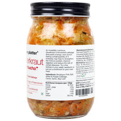 Urban Platter Sauerkraut Original Pickled Probiotic Cabbage with Carrot, 450g / 15.8oz [Raw, Artisanal, Plant-Based, Preservative Free]
