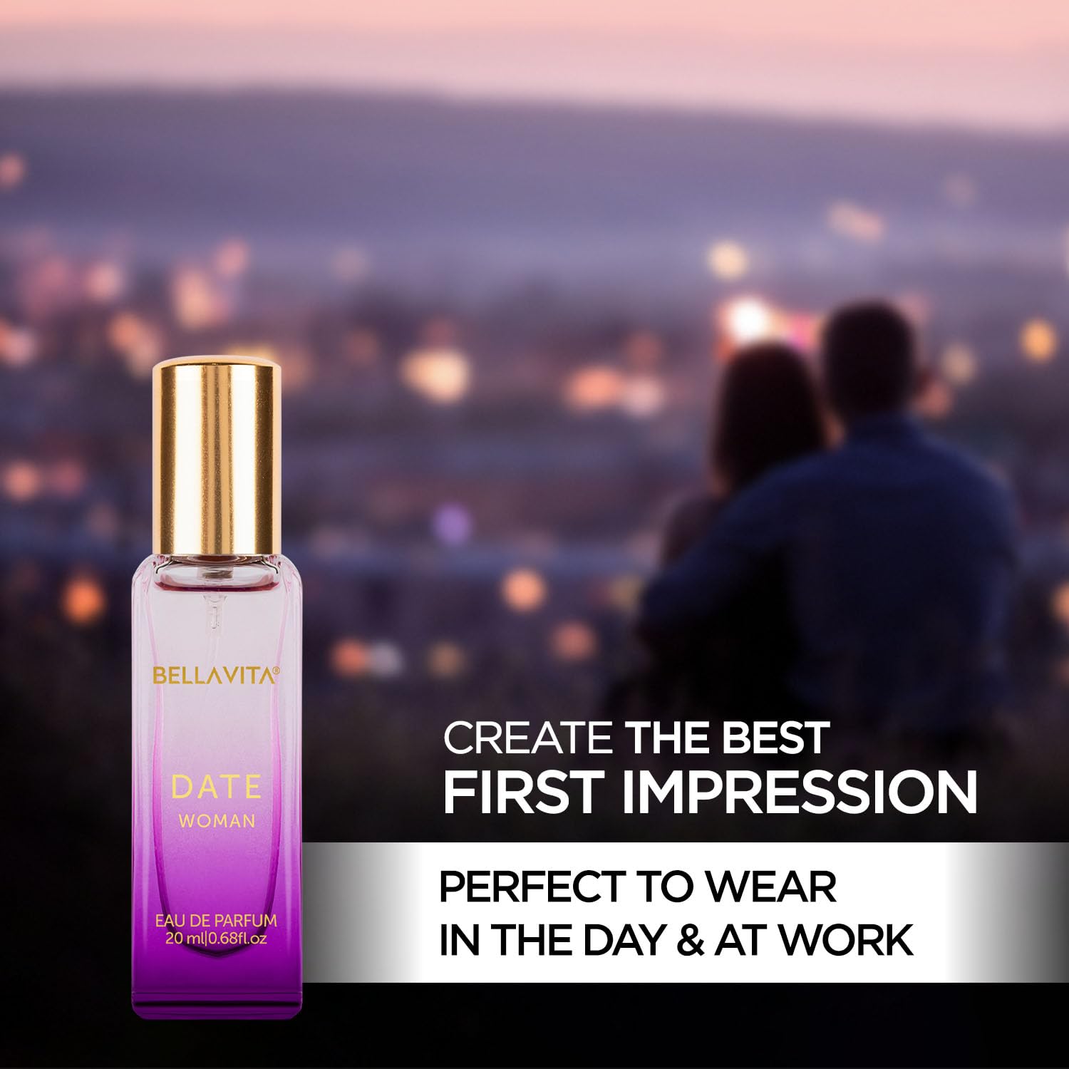 Perfume bottle with promotional text against a blurred cityscape background