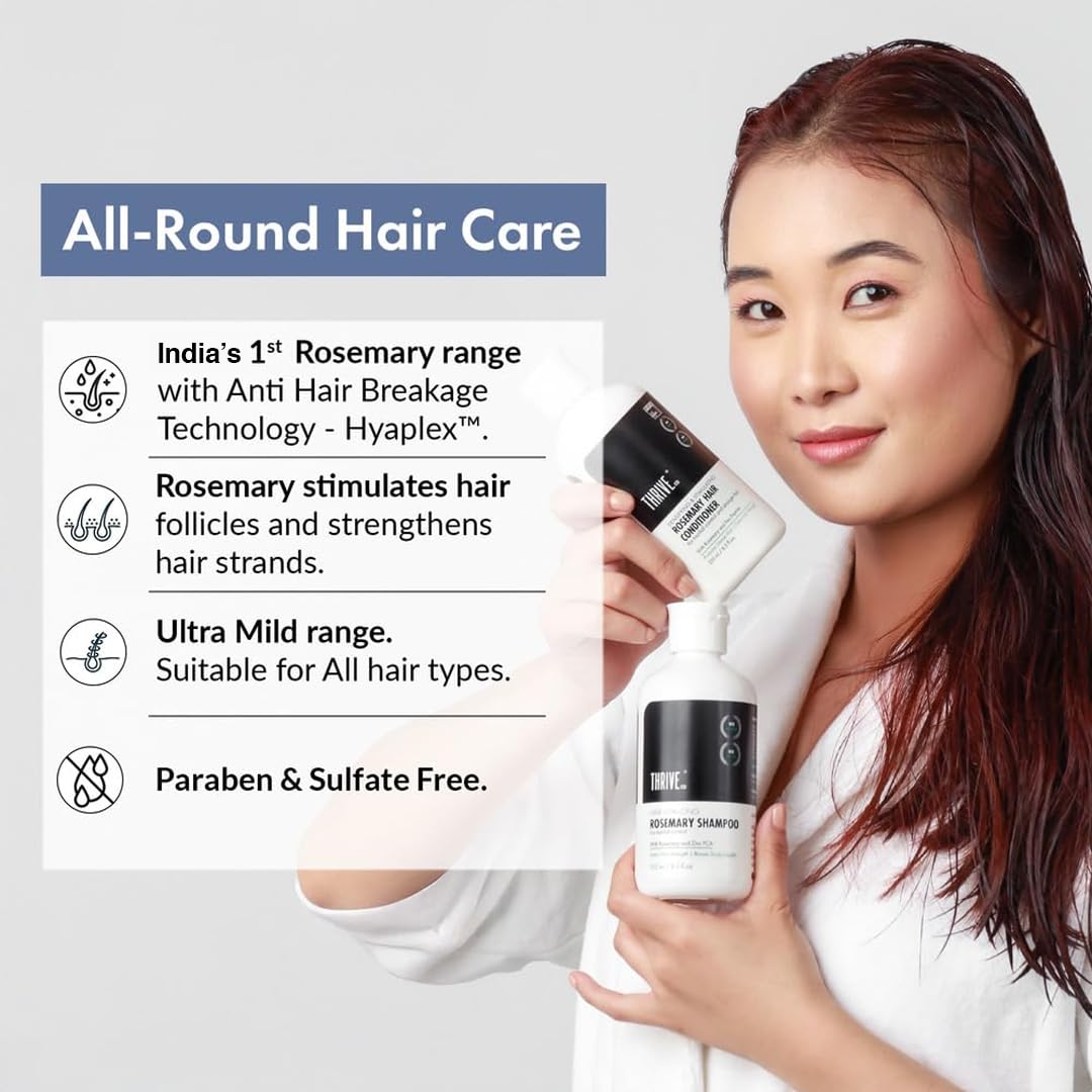 Woman holding hair care products with text about all-round hair care and product features.