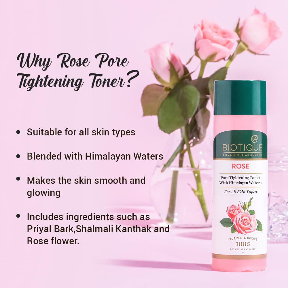 Biotique Rose Pore Tightening Toner bottle with text on a pink background with roses.