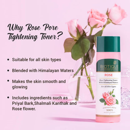 Biotique Rose Pore Tightening Toner bottle with text on a pink background with roses.