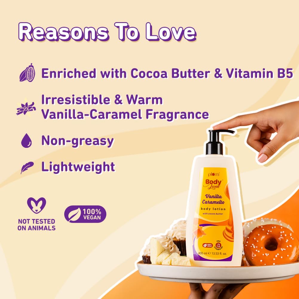Plum BodyLovin' Vanilla Caramello Body Lotion | Cocoa Butter & Vitamin B5 for Deep Moisturization | Non-Greasy | Soft & Glowing Skin | for Dry to Very Dry Skin | Warm & Cozy Vanilla Fragrance - 400ml