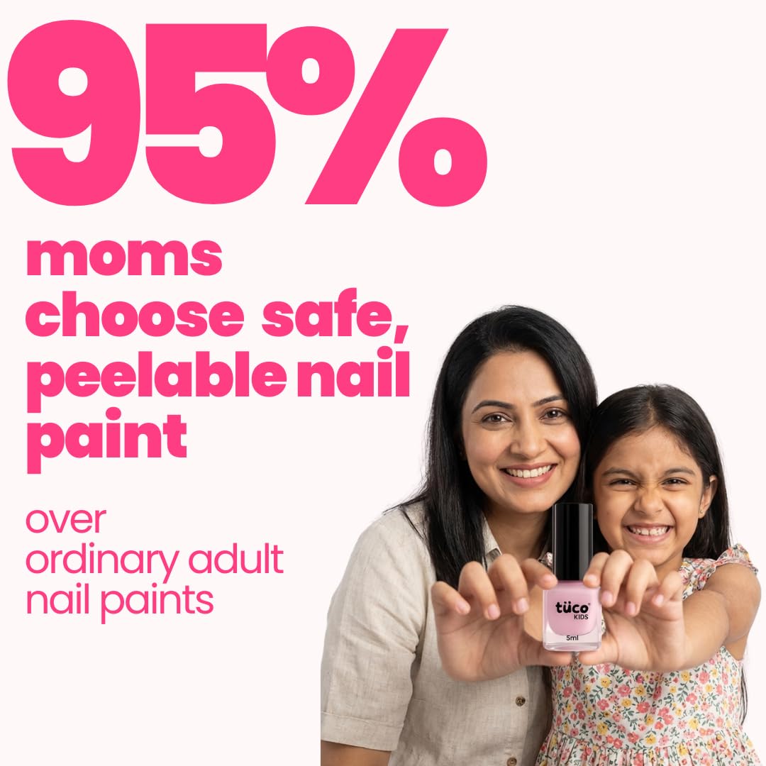 Woman and child holding a bottle of nail paint with text about safety and peelability.
