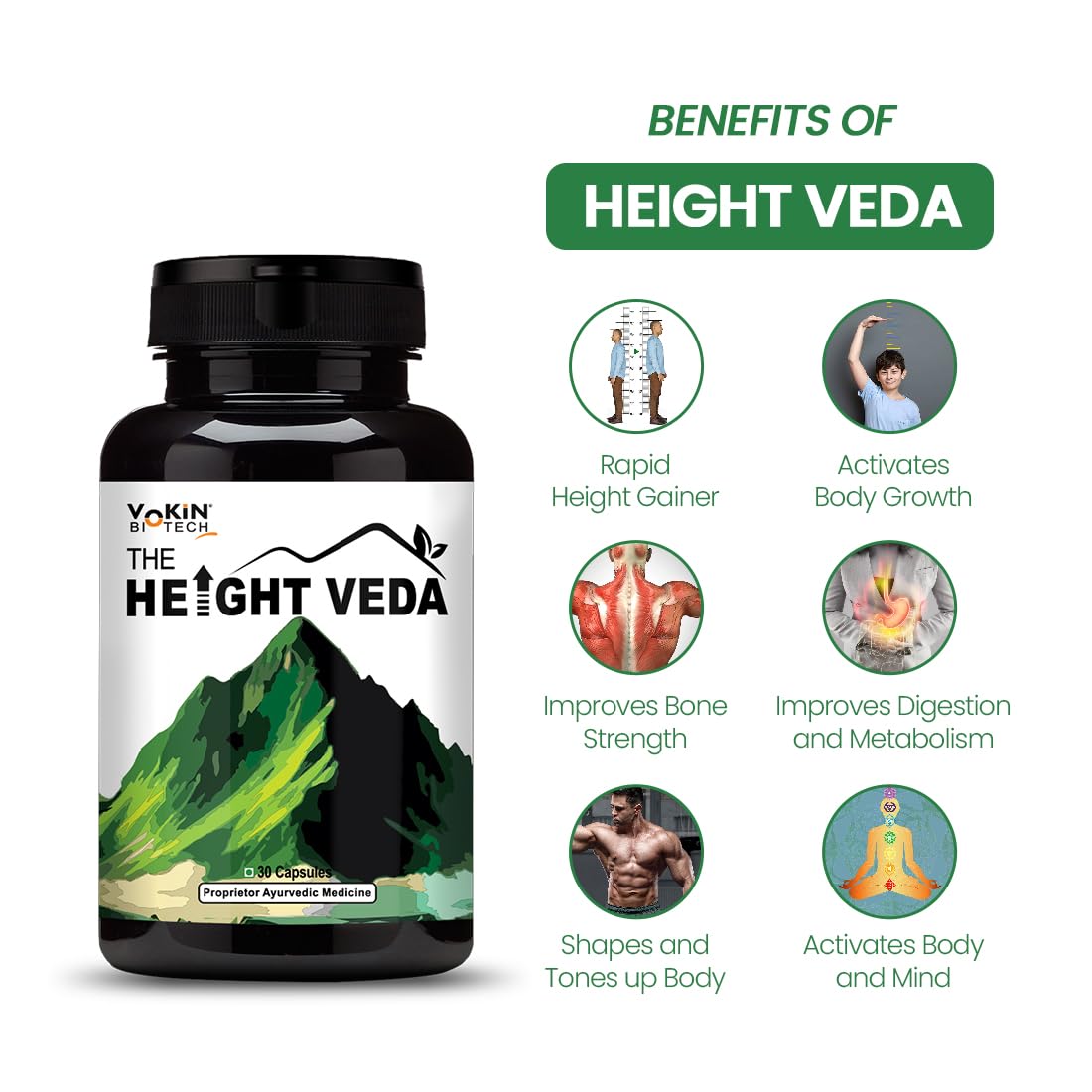 Bottle of 'The Height Veda' supplement with benefits listed on a white background