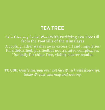 Tea tree skin clearing facial wash description on a green background